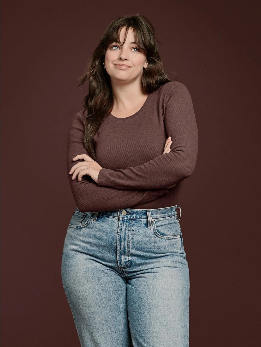 Nuuds Women’s Long Sleeve Ribbed Crewneck Bodysuit in Coffee Size Small
